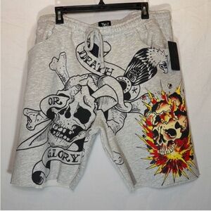 Ed Hardy Death or Glory Fleece Shorts Graphic Skull Drawstring Men Sz XL NWT